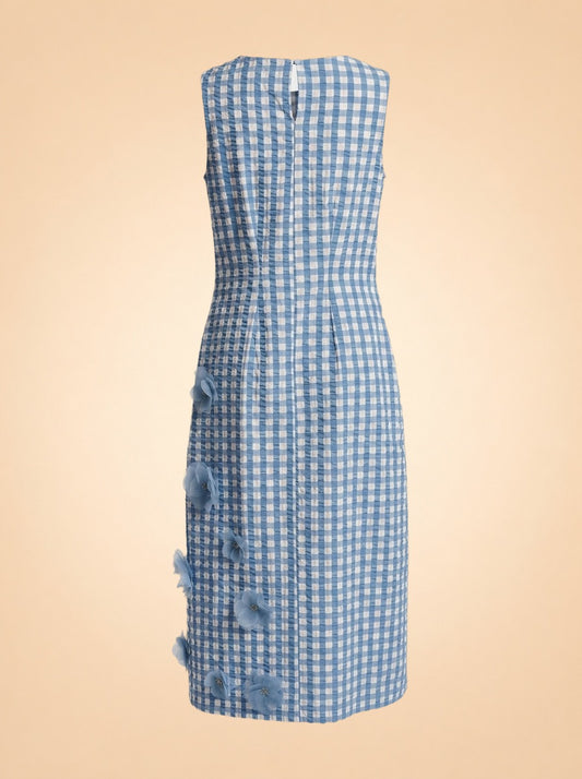 Origami Ginham Print Poplin Round Neck Sleeveless 3D Flower Dress ghost_back