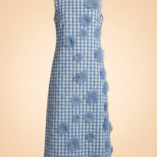 Origami Ginham Print Poplin Round Neck Sleeveless 3D Flower Dress ghost_front