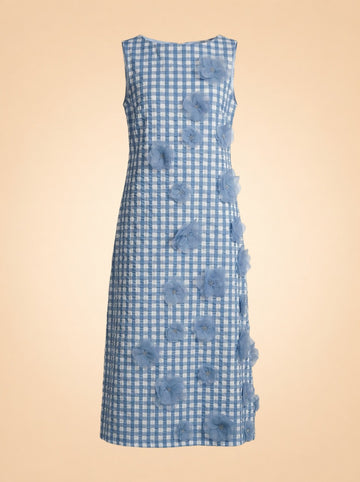 Origami Ginham Print Poplin Round Neck Sleeveless 3D Flower Dress ghost_front