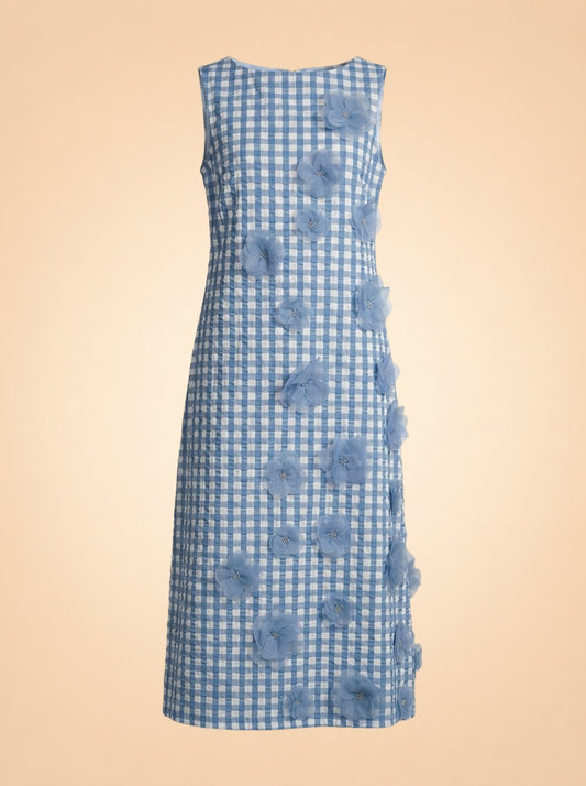 Origami Ginham Print Poplin Round Neck Sleeveless 3D Flower Dress ghost_front