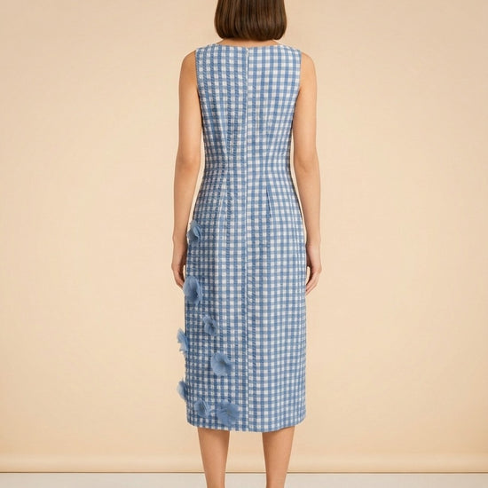 Origami Ginham Print Poplin Round Neck Sleeveless 3D Flower Dress model_back