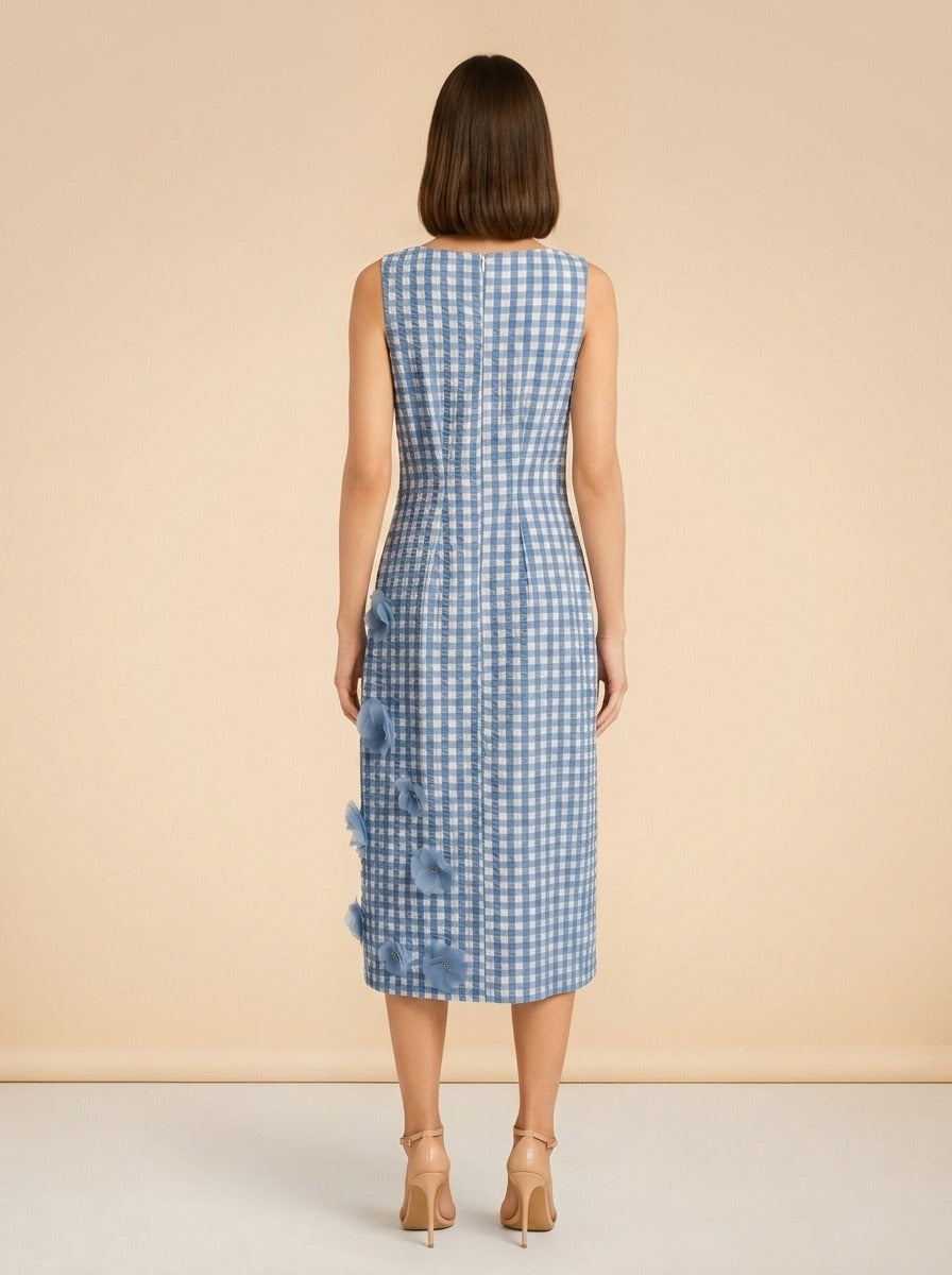 Origami Ginham Print Poplin Round Neck Sleeveless 3D Flower Dress model_back
