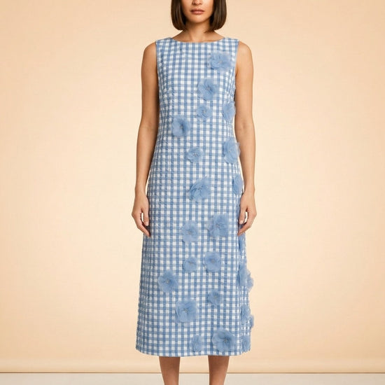 Origami Ginham Print Poplin Round Neck Sleeveless 3D Flower Dress model_front