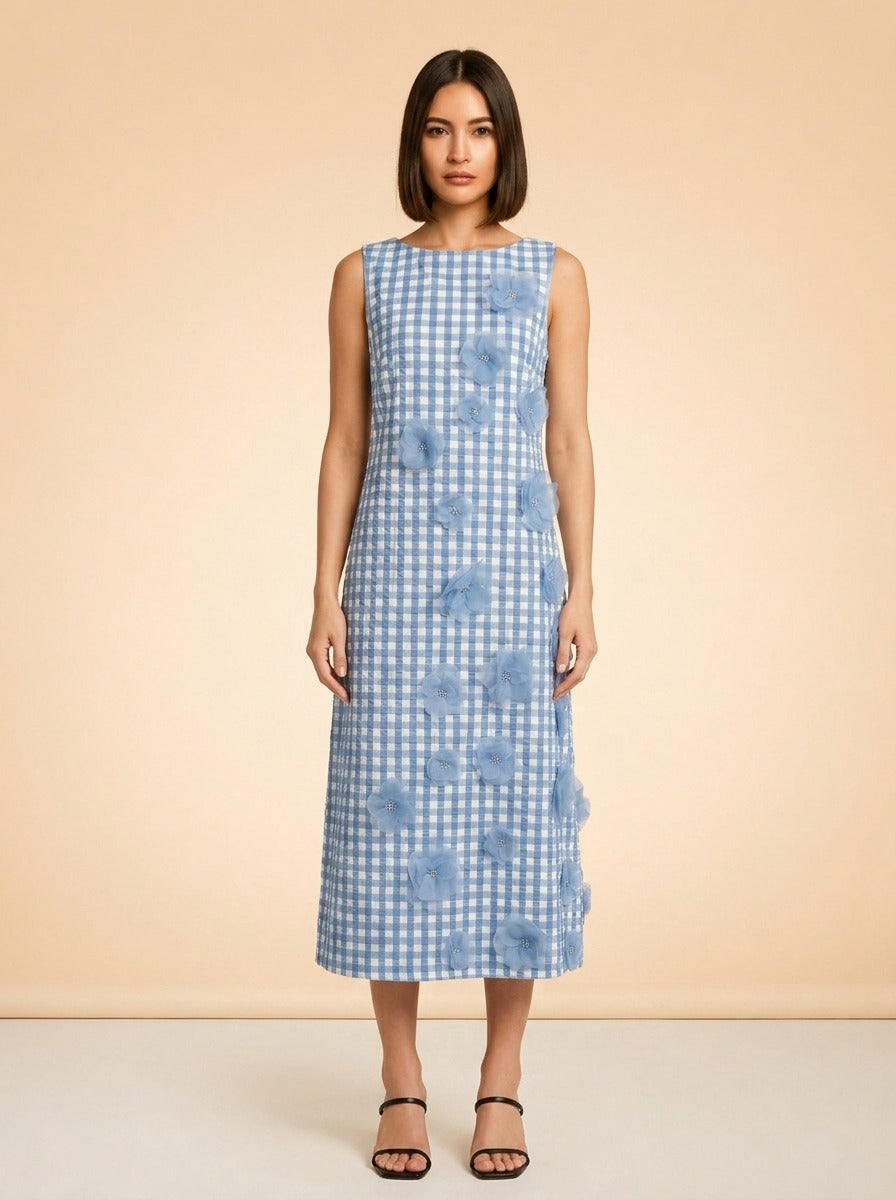 Origami Ginham Print Poplin Round Neck Sleeveless 3D Flower Dress model_front