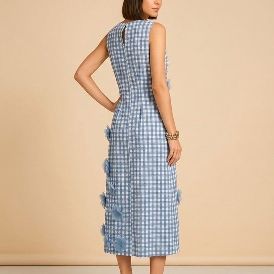Origami Ginham Print Poplin Round Neck Sleeveless 3D Flower Dress model_over_shoulder