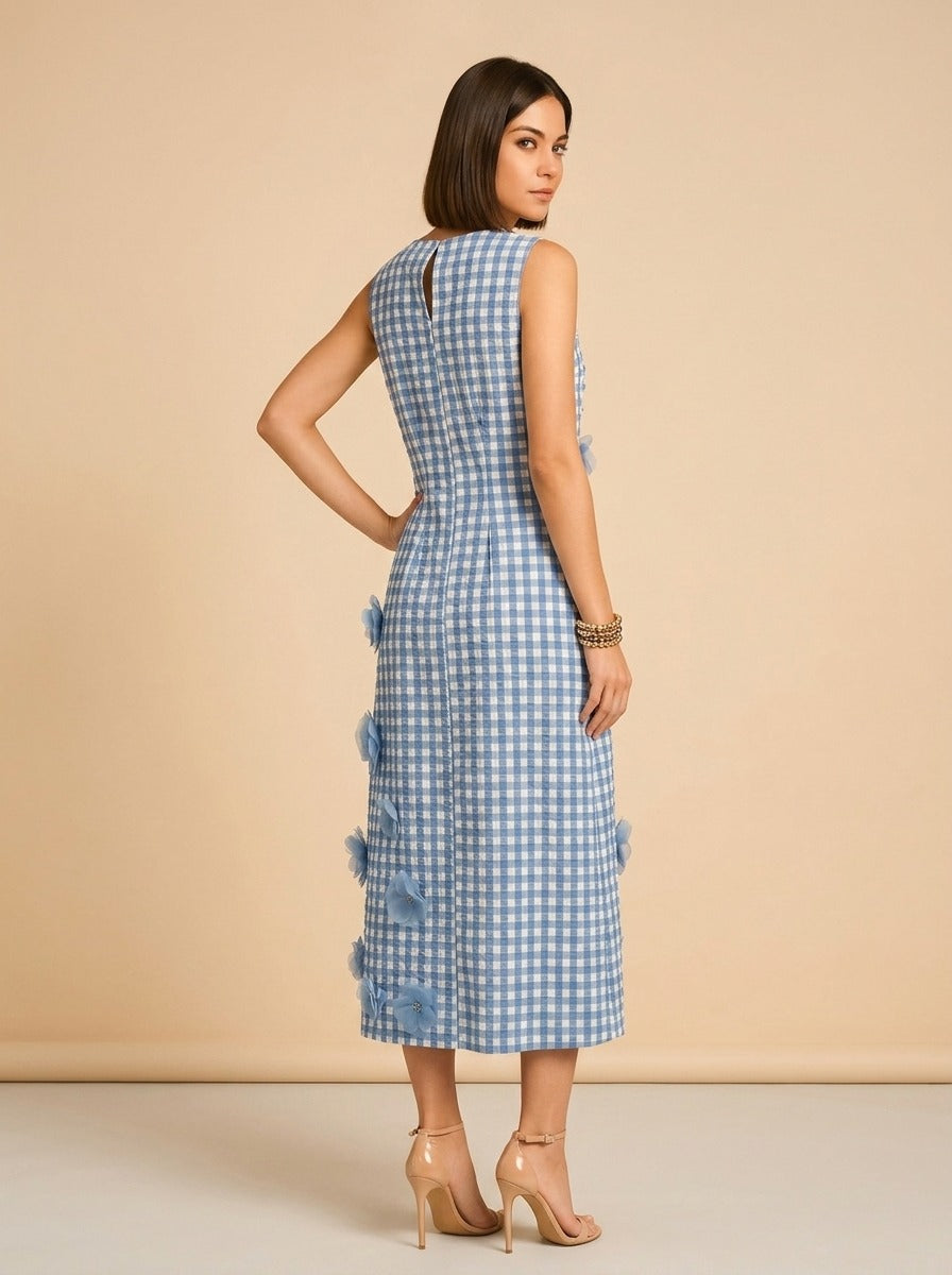 Origami Ginham Print Poplin Round Neck Sleeveless 3D Flower Dress model_over_shoulder
