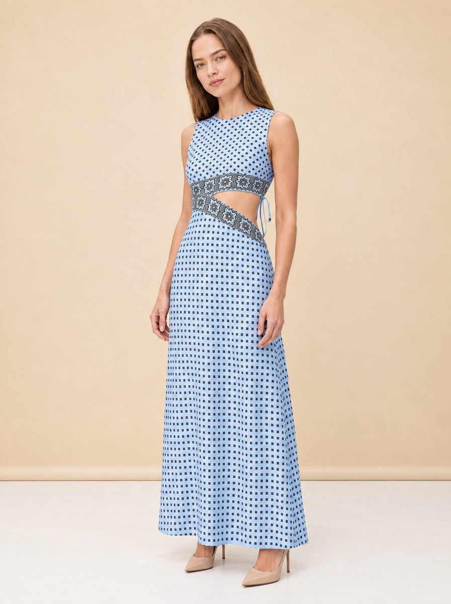 Patterned Cutaway Silk Maxi Dress — model front 3