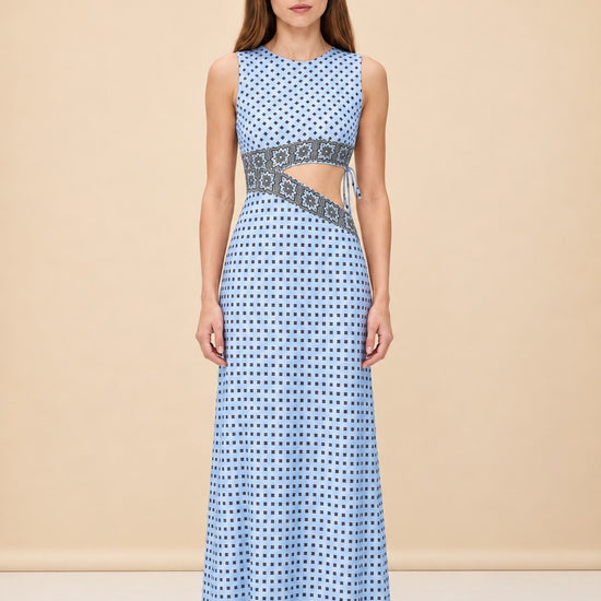 Patterned Cutaway Silk Maxi Dress — model front