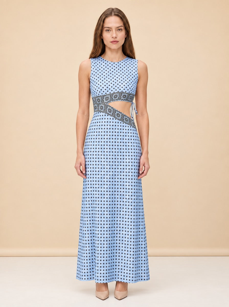 Patterned Cutaway Silk Maxi Dress — model front