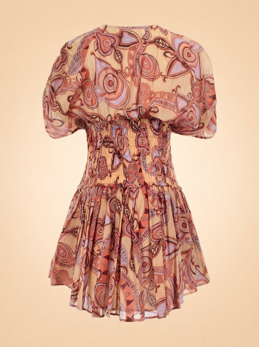 A.L.C. Peach/Coral Abstract Puff-Sleeve Dress — back