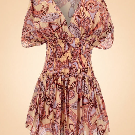 A.L.C. Peach/Coral Abstract Puff-Sleeve Dress — front