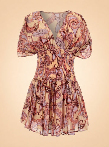A.L.C. Peach/Coral Abstract Puff-Sleeve Dress — front