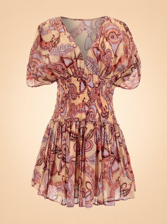 A.L.C. Peach/Coral Abstract Puff-Sleeve Dress — front