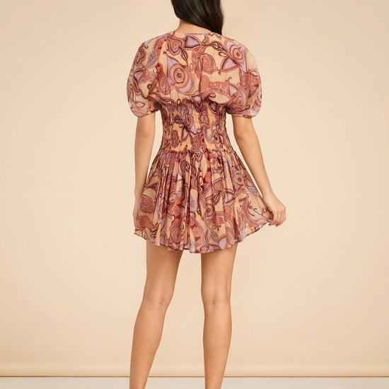 A.L.C. Peach/Coral Abstract Puff-Sleeve Dress — on model, back