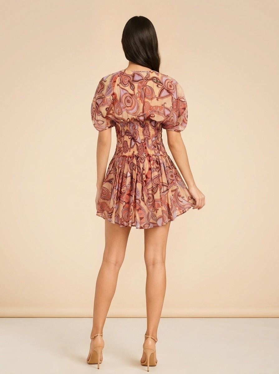 A.L.C. Peach/Coral Abstract Puff-Sleeve Dress — on model, back