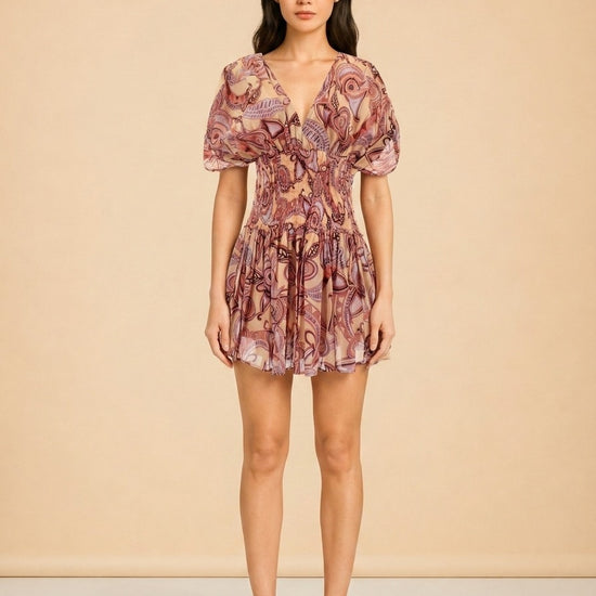 A.L.C. Peach/Coral Abstract Puff-Sleeve Dress — on model, front