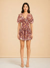 A.L.C. Peach/Coral Abstract Puff-Sleeve Dress — on model, front