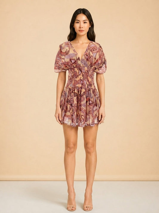 A.L.C. Peach/Coral Abstract Puff-Sleeve Dress — on model, front