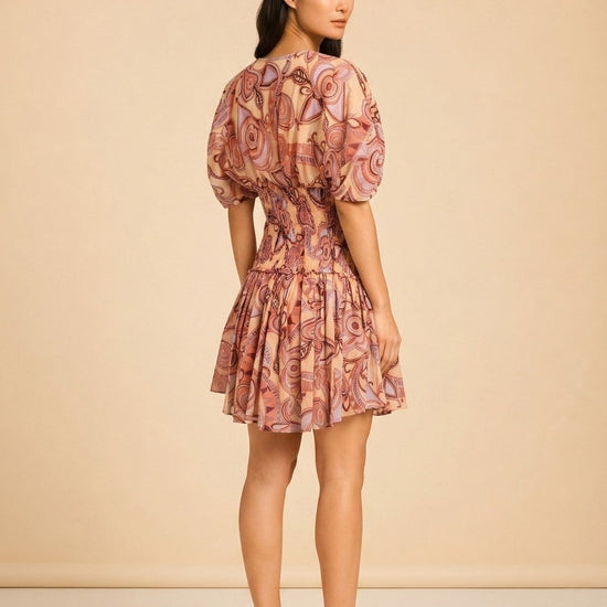 A.L.C. Peach/Coral Abstract Puff-Sleeve Dress — detail