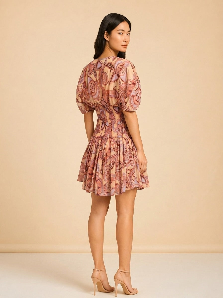 A.L.C. Peach/Coral Abstract Puff-Sleeve Dress — detail