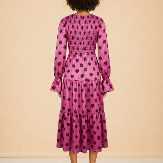 Petra Pink Retro Floral Shirred Dress model_back