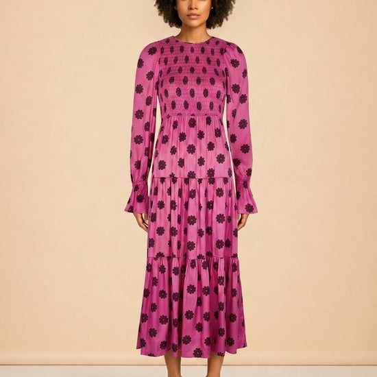 Petra Pink Retro Floral Shirred Dress model_front