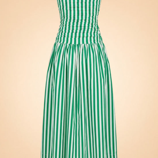 RHODE Pia Dress (green/white stripe, ruched strapless) — back