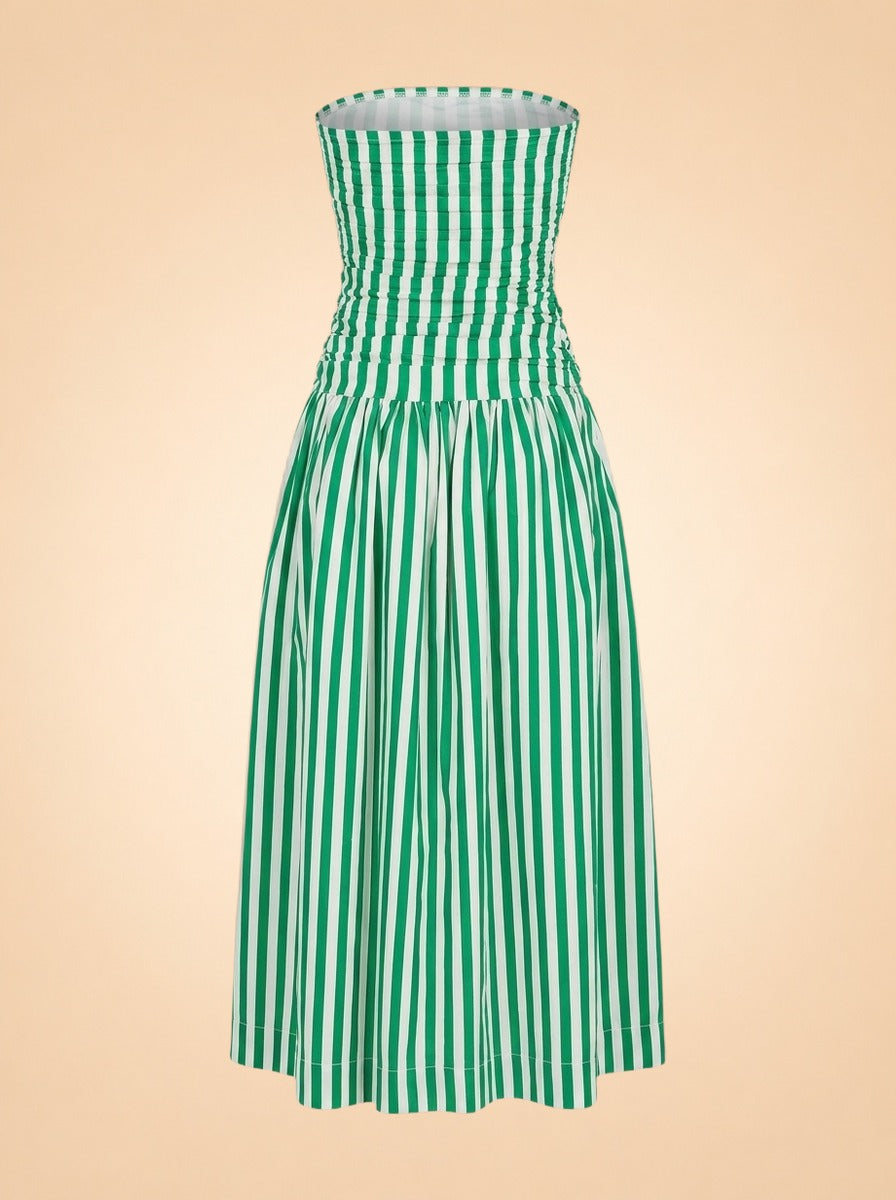 RHODE Pia Dress (green/white stripe, ruched strapless) — back