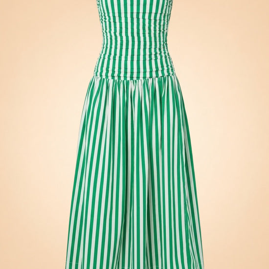 RHODE Pia Dress (green/white stripe, ruched strapless) — front