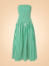 RHODE Pia Dress (green/white stripe, ruched strapless) — front