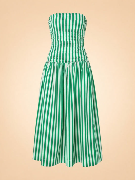 RHODE Pia Dress (green/white stripe, ruched strapless) — front