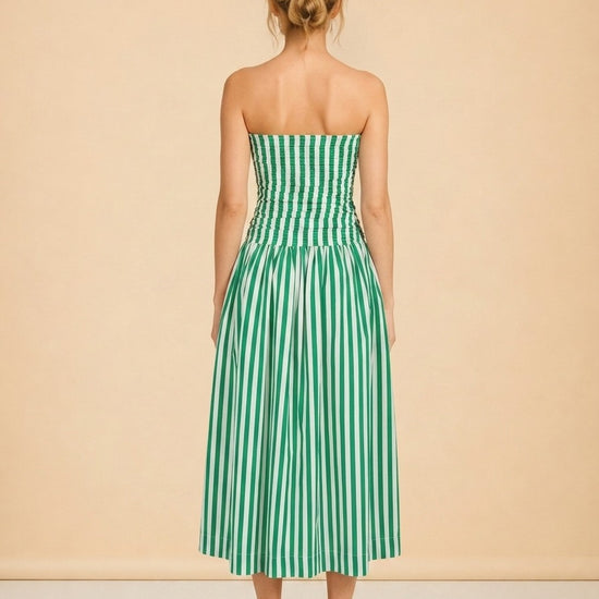 RHODE Pia Dress (green/white stripe, ruched strapless) — on model, back