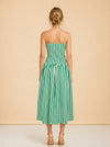 RHODE Pia Dress (green/white stripe, ruched strapless) — on model, back