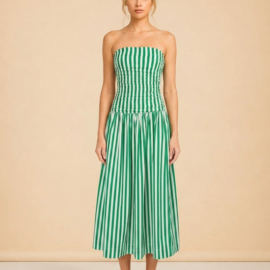 RHODE Pia Dress (green/white stripe, ruched strapless) — on model, front