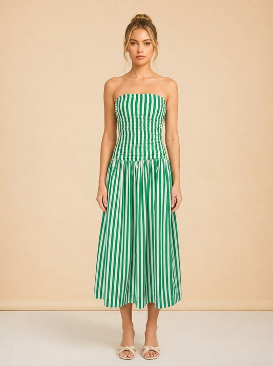 RHODE Pia Dress (green/white stripe, ruched strapless) — on model, front