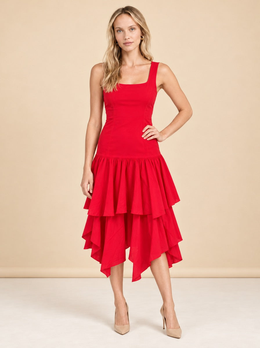 Red Loeffler Randall Ruffle Dress model_front