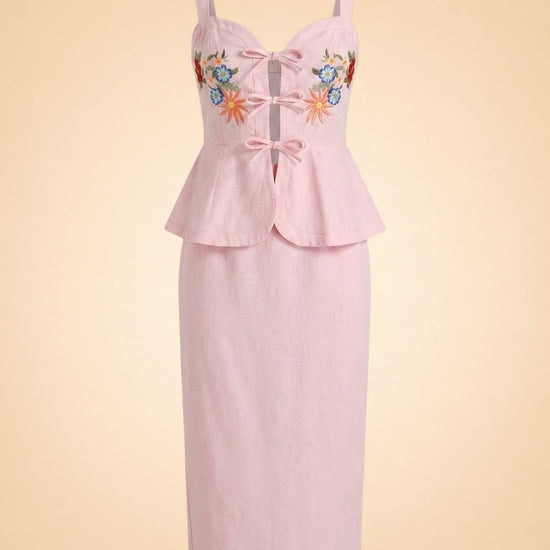 Fanm Mon Pink Embroidered Floral Linen Dress — front