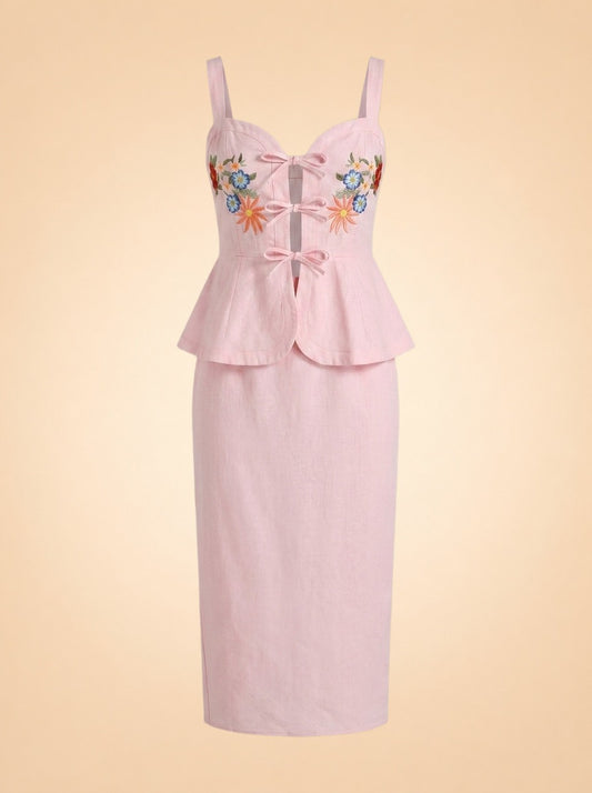 Fanm Mon Pink Embroidered Floral Linen Dress — front