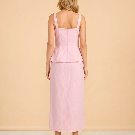 Fanm Mon Pink Embroidered Floral Linen Dress — on model, back