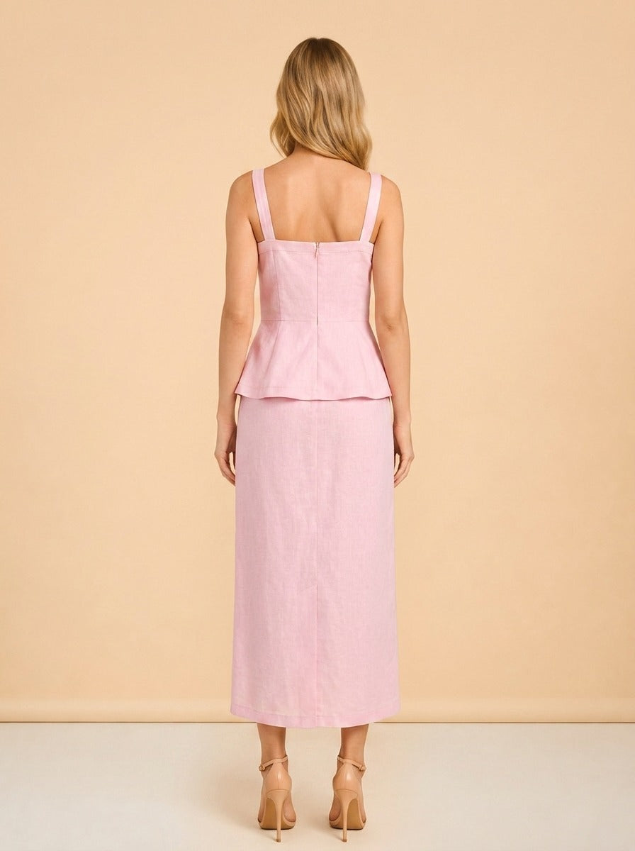 Fanm Mon Pink Embroidered Floral Linen Dress — on model, back