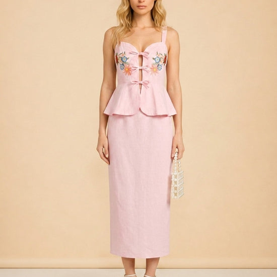 Fanm Mon Pink Embroidered Floral Linen Dress — on model, front