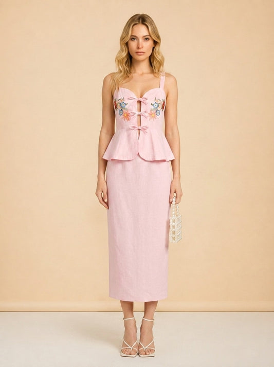 Fanm Mon Pink Embroidered Floral Linen Dress — on model, front