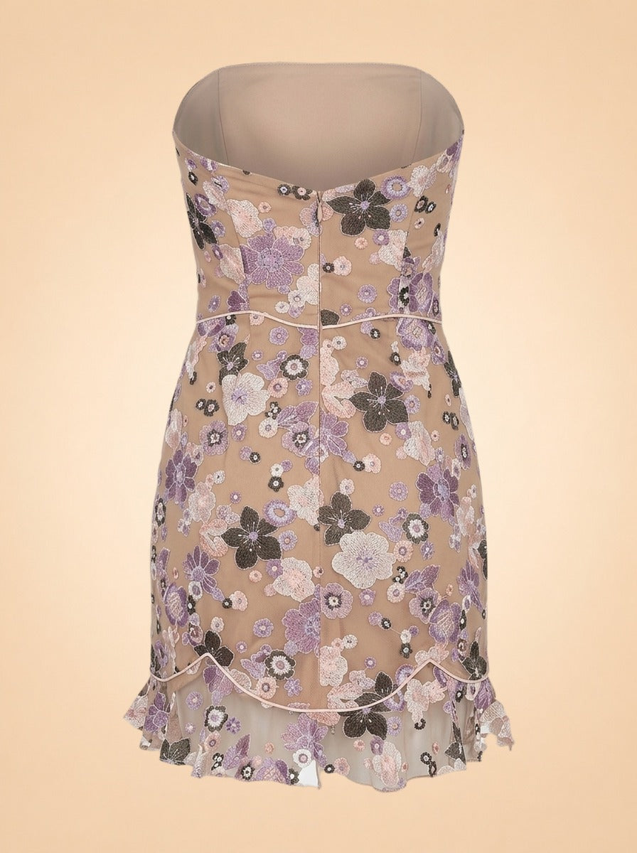 Posy Mini Dress Strapless Purple Morning Bloom ghost_back