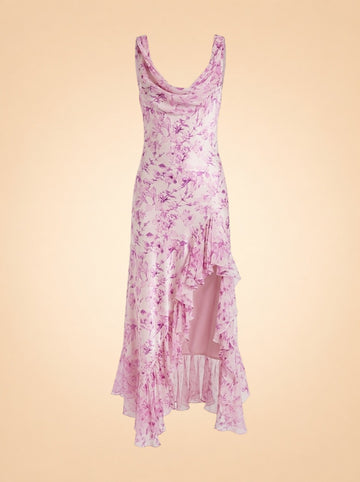 Raya Long Floral Silk Sleeveless Ruffle Dress ghost_front
