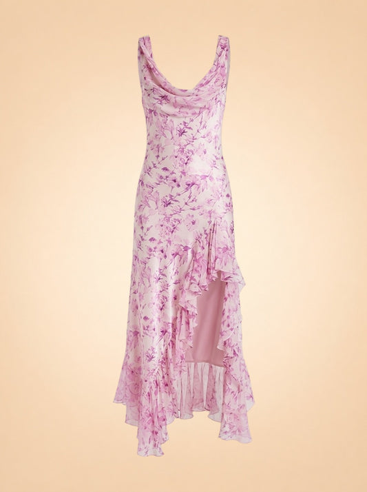Raya Long Floral Silk Sleeveless Ruffle Dress ghost_front