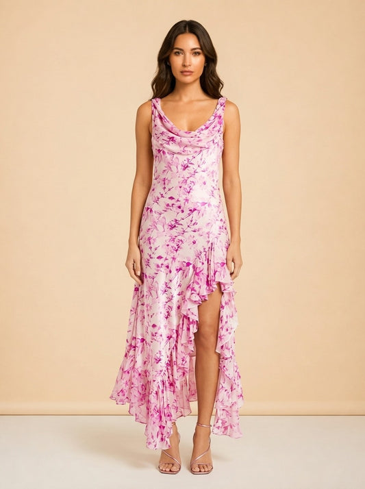 Raya Long Floral Silk Sleeveless Ruffle Dress model_front