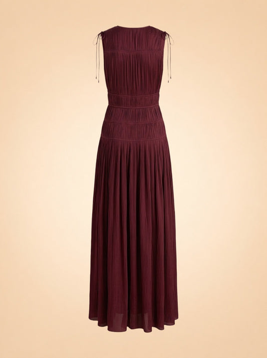 Red Pleated Satin Gown with Plunge Neckline ghost_back