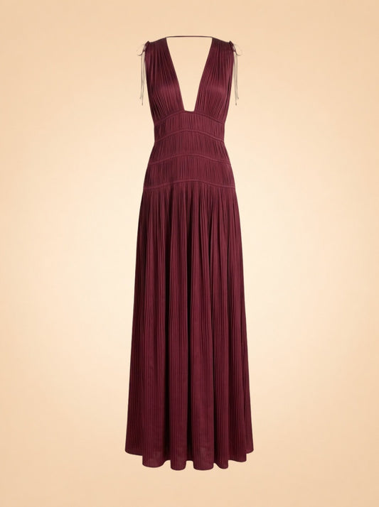Red Pleated Satin Gown with Plunge Neckline ghost_front