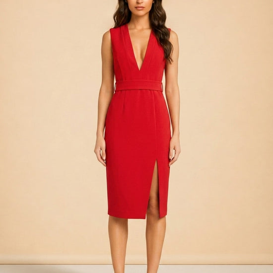 Red V-Neck Midi