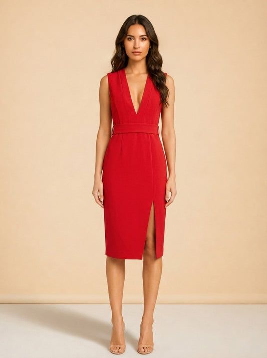 Red V-Neck Midi